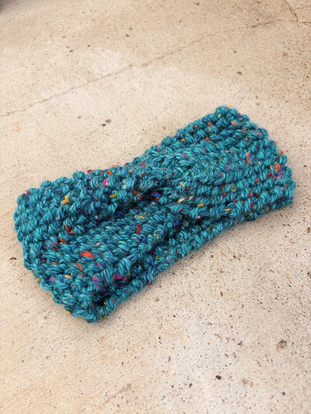Handmade Knitted Teal Headband/Earwarmer with Colorful Dots and a Twist